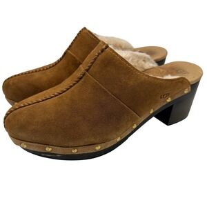 UGG‎ Kassi Chestnut Suede Clogs Sherpa Lined Studded Wood Womens Size 10 Brown